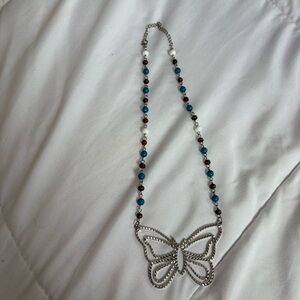 Silver Butterfly Necklace with Turquoise and Brown Beads